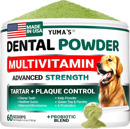 Dog Dental Powder 60 Scoops Breath Freshener with Multivitamin Dog Teeth Cleaning Powder Tartar and Plaque off Remover for Dogs Lab Co Probiotics Pet Oral Care Immune Support Vitamins and Supplements