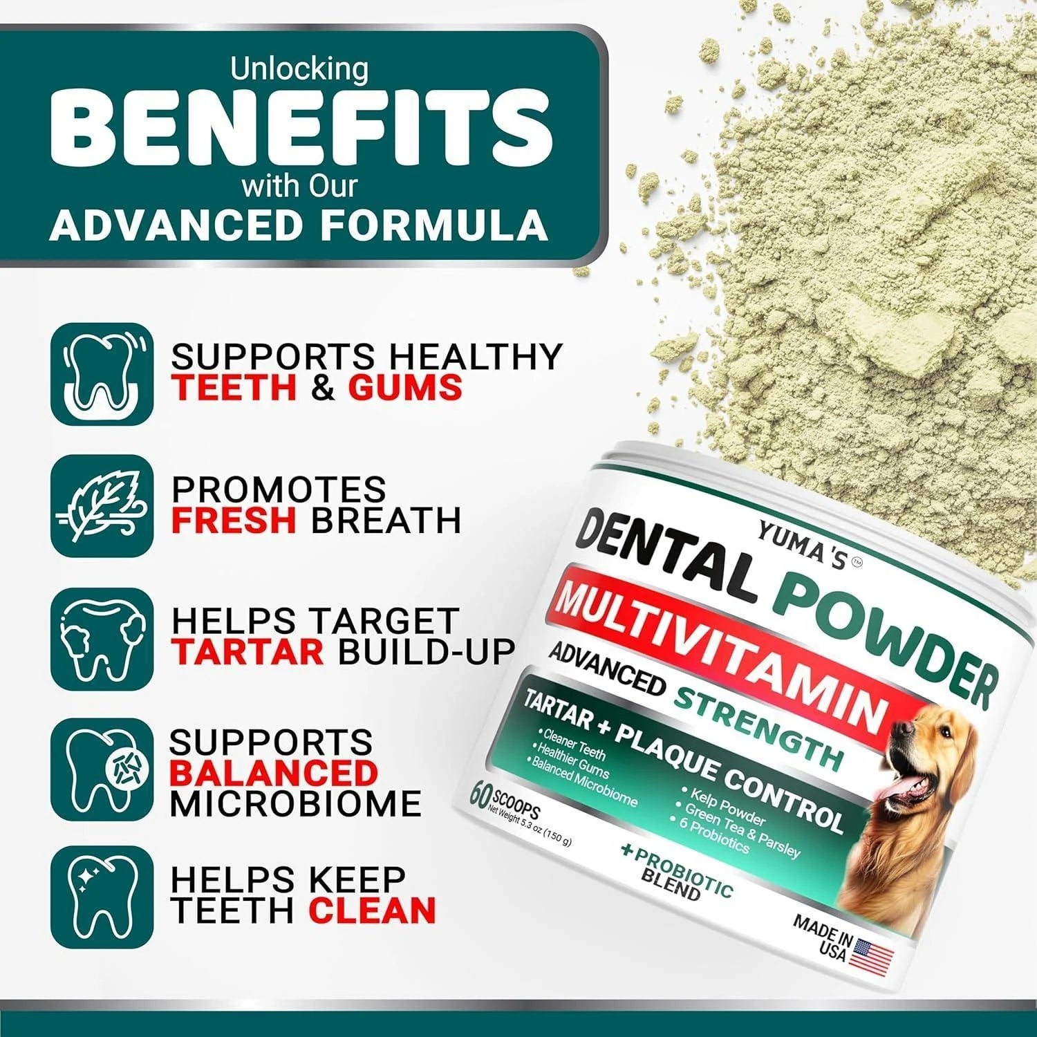 Dog Dental Powder 60 Scoops Breath Freshener with Multivitamin Dog Teeth Cleaning Powder Tartar and Plaque off Remover for Dogs Lab Co Probiotics Pet Oral Care Immune Support Vitamins and Supplements