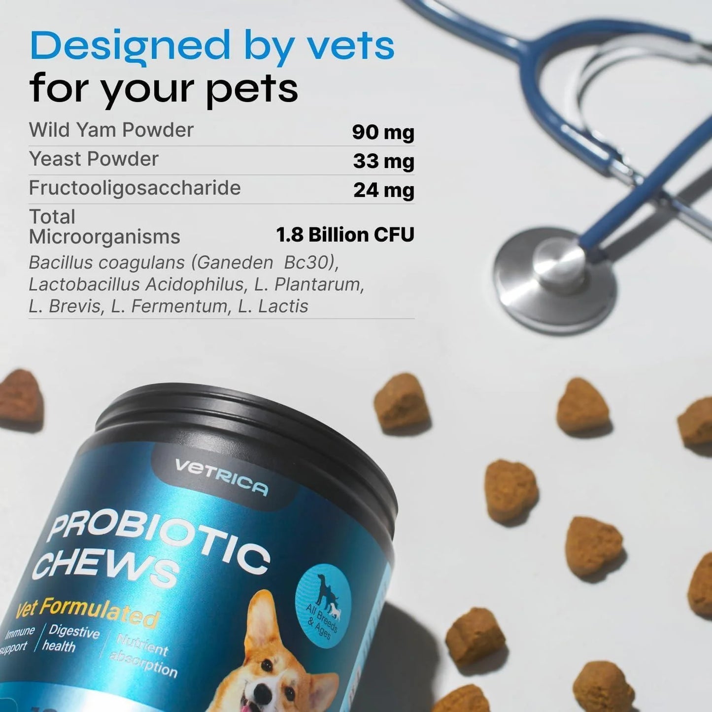 Probiotics for Dogs Dog Probiotic Chews for Digestive and Gut Health Dental Immune System Support Chewable Prebiotic Soft Treats Wild Yam Yeast Powder Diarrhea and Bowel Support Supplement