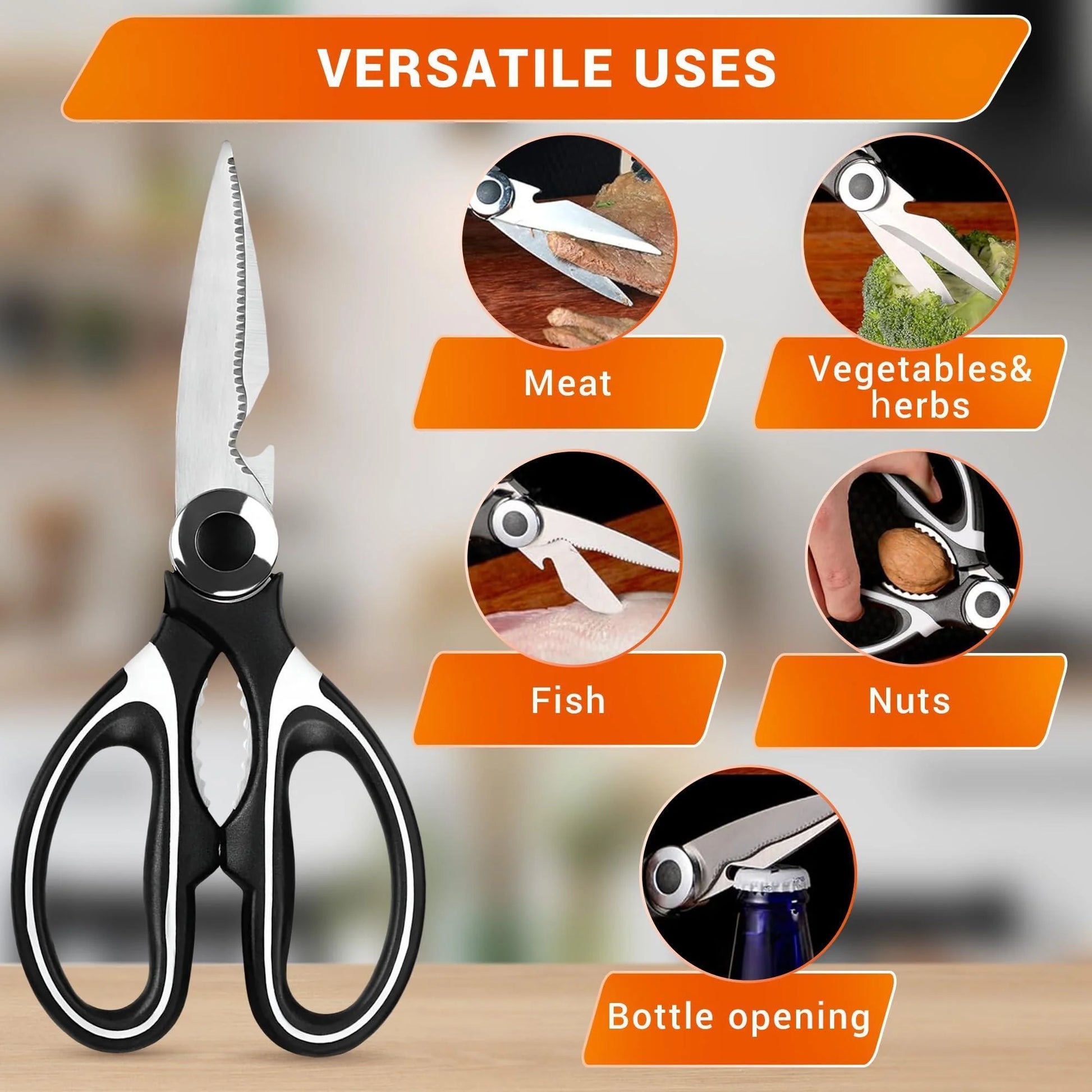 Kitchen Scissors All Purpose Heavy Duty Multifunctional Kitchen Shears for Food Heavy Duty with Ergonomic Handle & Corrosion Resistant Blades Designed for Fish Nuts Vegetables & Bottle Opening