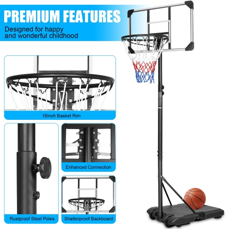 Portable Basketball Goal System with Stable Base and Wheels, Use for Indoor Outdoor Teenagers Youth Height Adjustable 5.6 to 7Ft Basketball Hoop 28 Inch Backboard