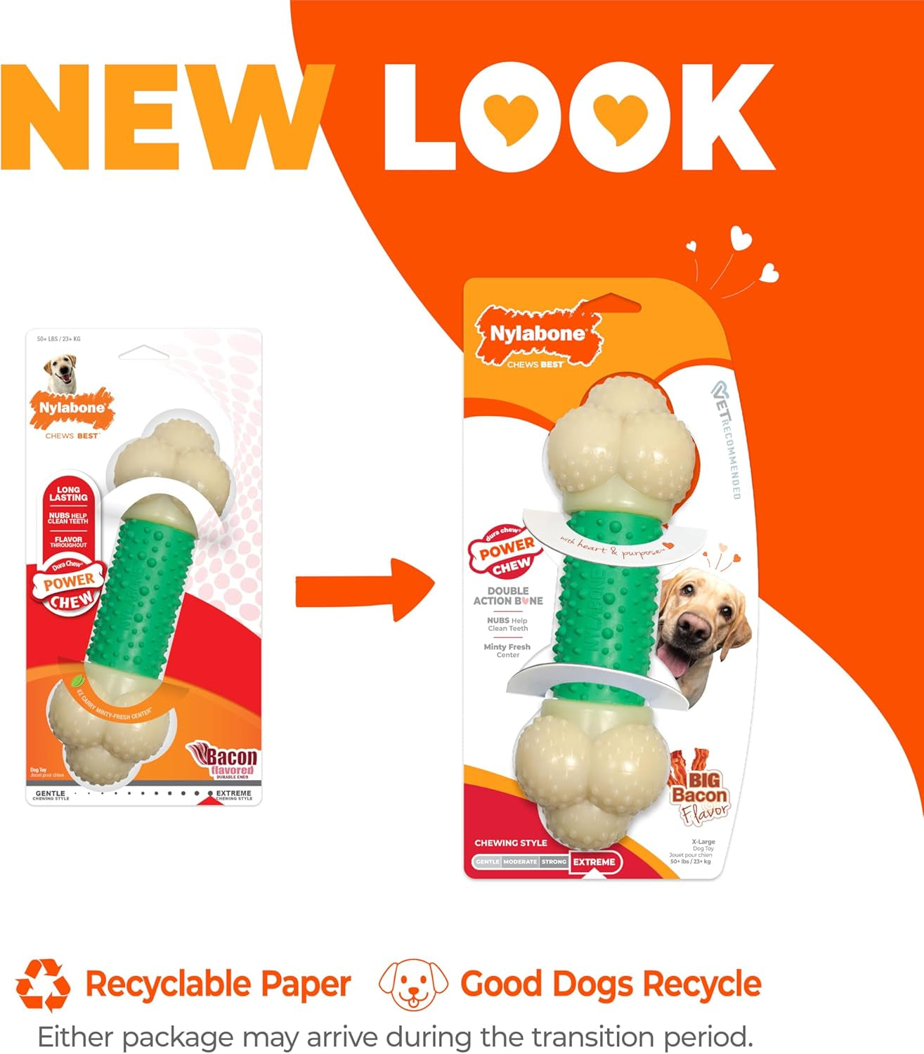 Nylabone Double Action Bone Power Chew Toy for Dogs, Dog Toys for Aggressive Chewers, Bacon Flavor, X-Large - 50+ Lbs, 1 Count