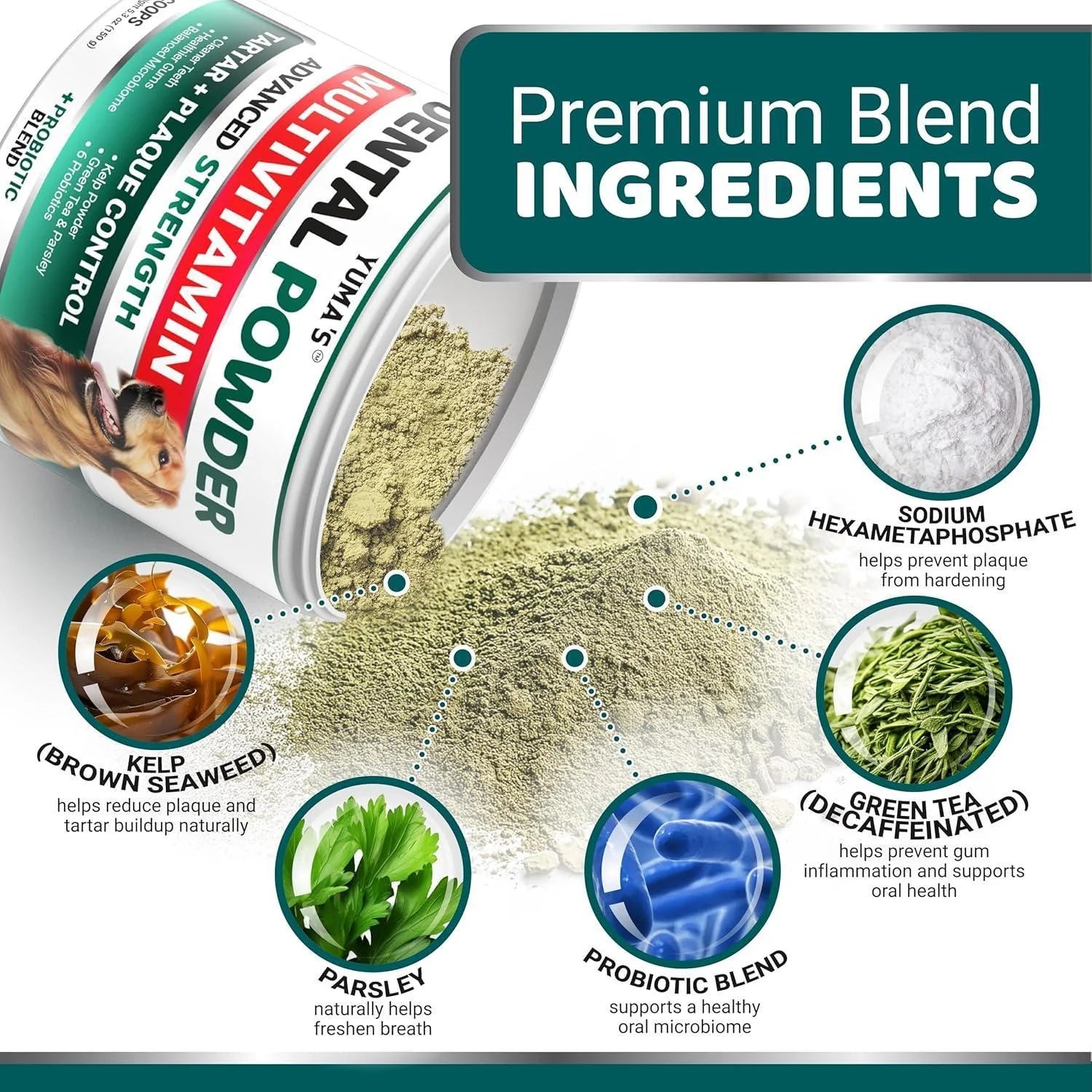 Dog Dental Powder 60 Scoops Breath Freshener with Multivitamin Dog Teeth Cleaning Powder Tartar and Plaque off Remover for Dogs Lab Co Probiotics Pet Oral Care Immune Support Vitamins and Supplements