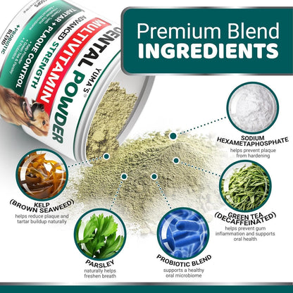 Dog Dental Powder 60 Scoops Breath Freshener with Multivitamin Dog Teeth Cleaning Powder Tartar and Plaque off Remover for Dogs Lab Co Probiotics Pet Oral Care Immune Support Vitamins and Supplements