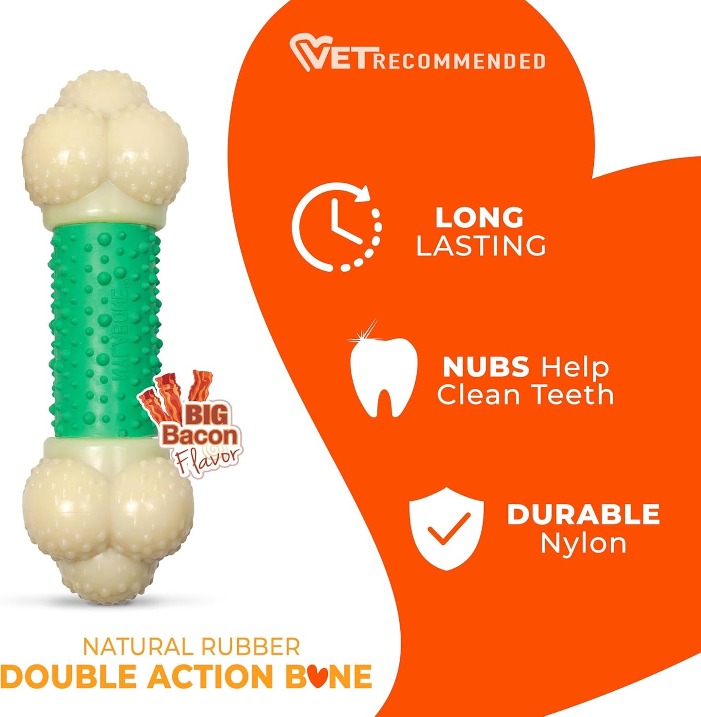 Nylabone Double Action Bone Power Chew Toy for Dogs, Dog Toys for Aggressive Chewers, Bacon Flavor, X-Large - 50+ Lbs, 1 Count