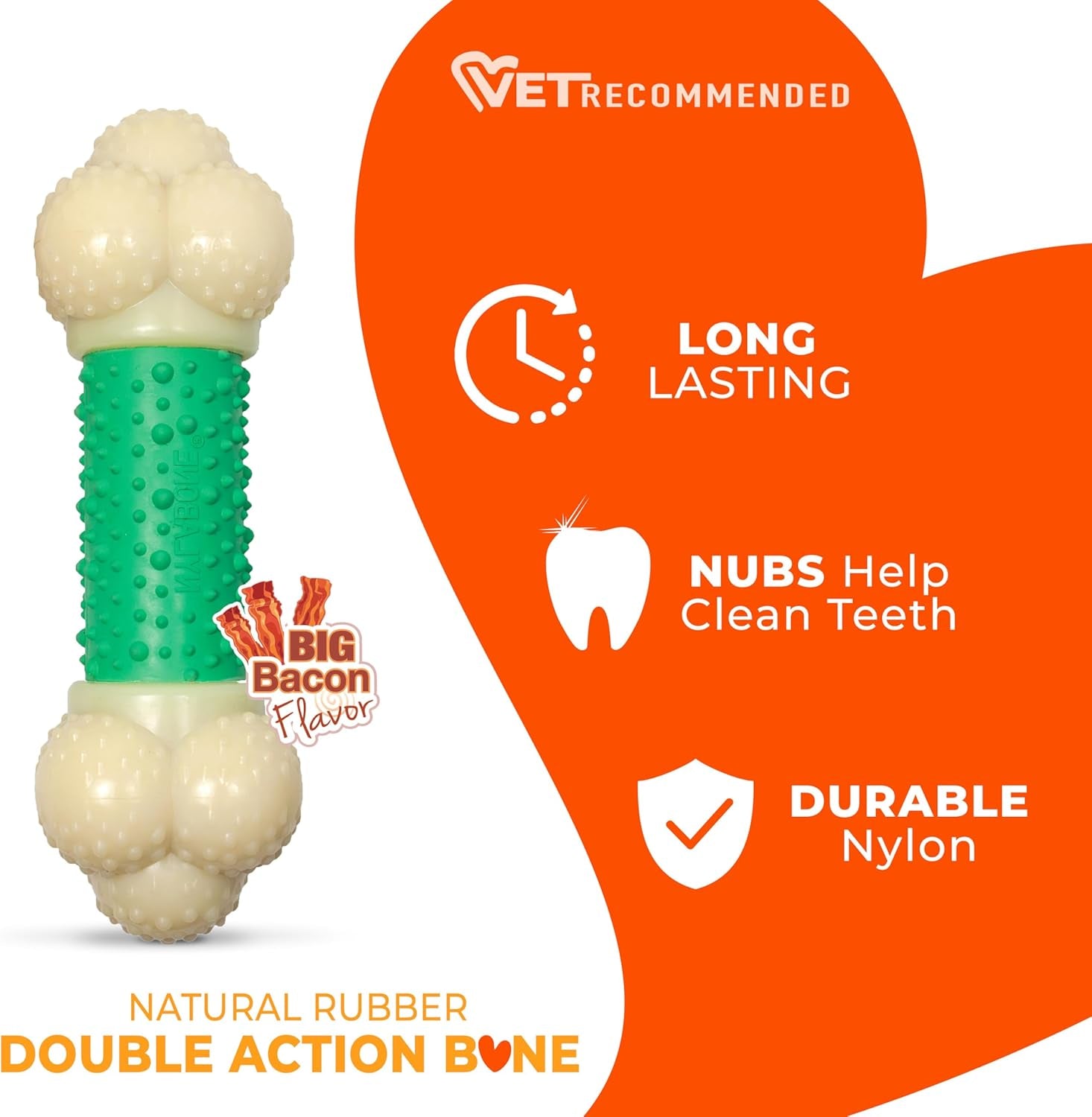 Nylabone Double Action Bone Power Chew Toy for Dogs, Dog Toys for Aggressive Chewers, Bacon Flavor, X-Large - 50+ Lbs, 1 Count